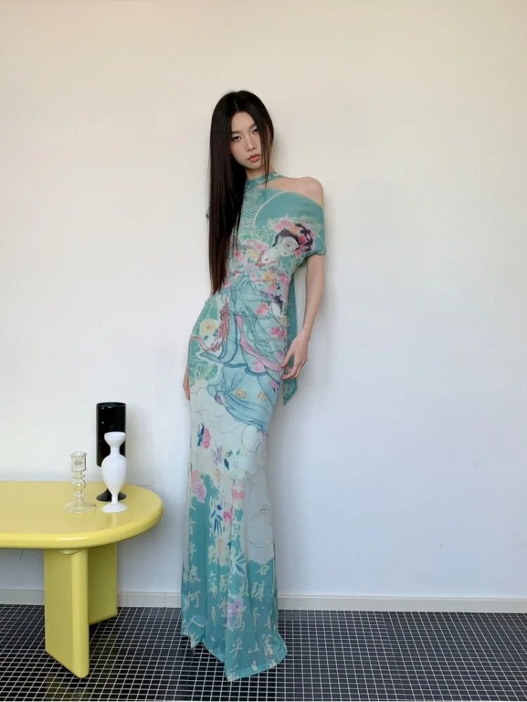 Y2K Fairy Print Off-Shoulder Maxi Dress