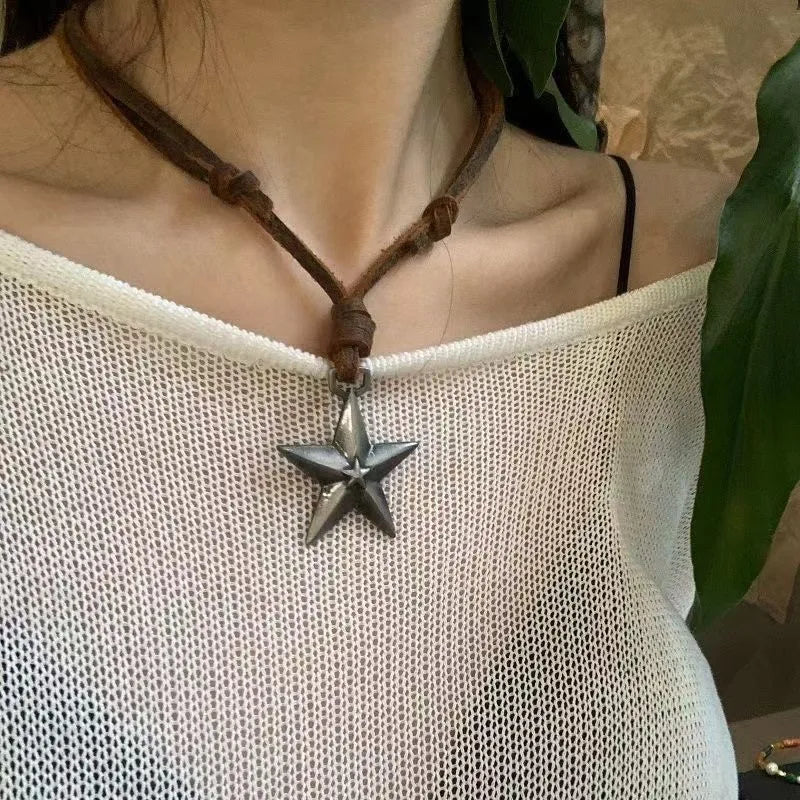 Punk Star Pendant Leather Rope Necklace