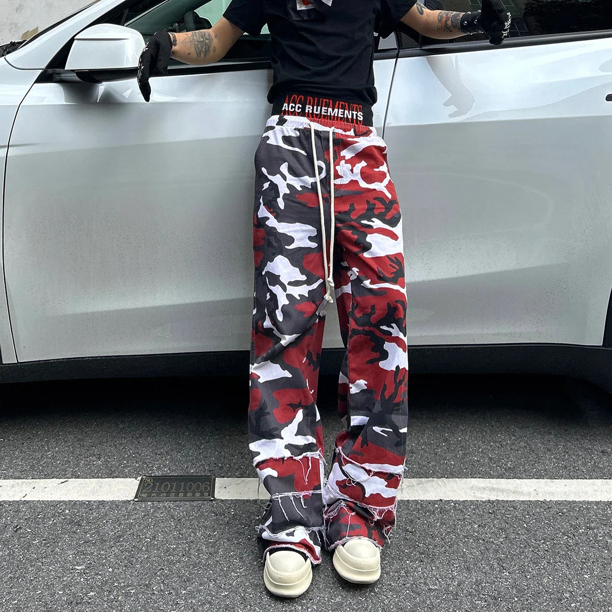 Elastic Waist Drawstring Camouflage Flare Jeans