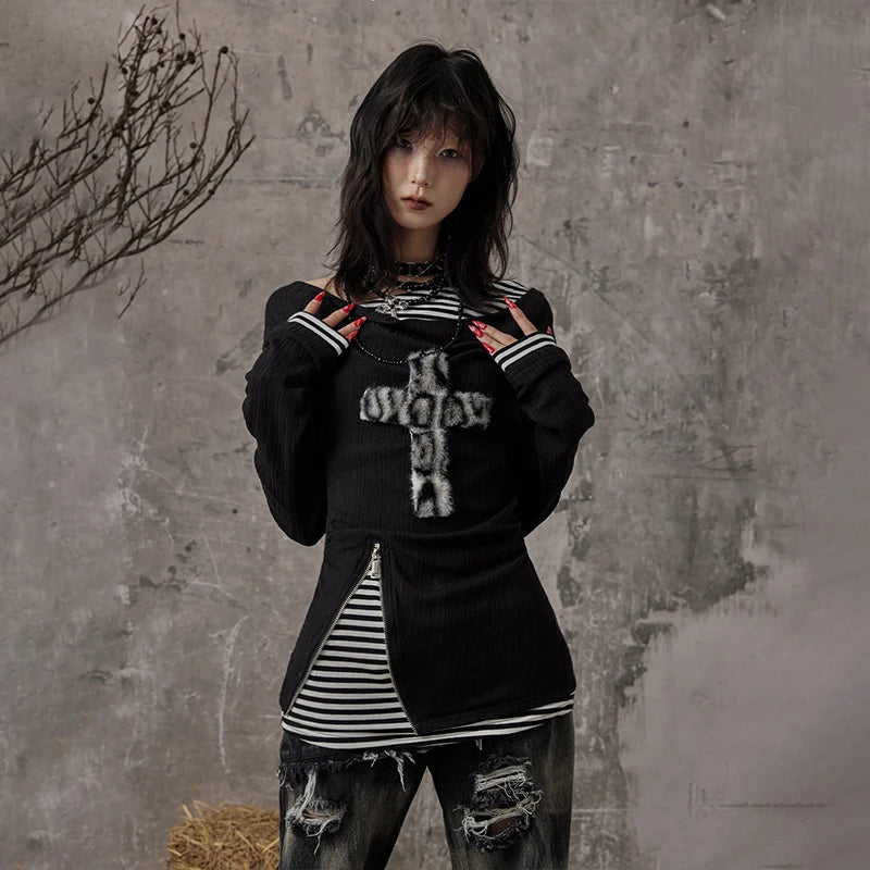 Grunge Y2K Patchwork Fake Two-Piece Women's Top