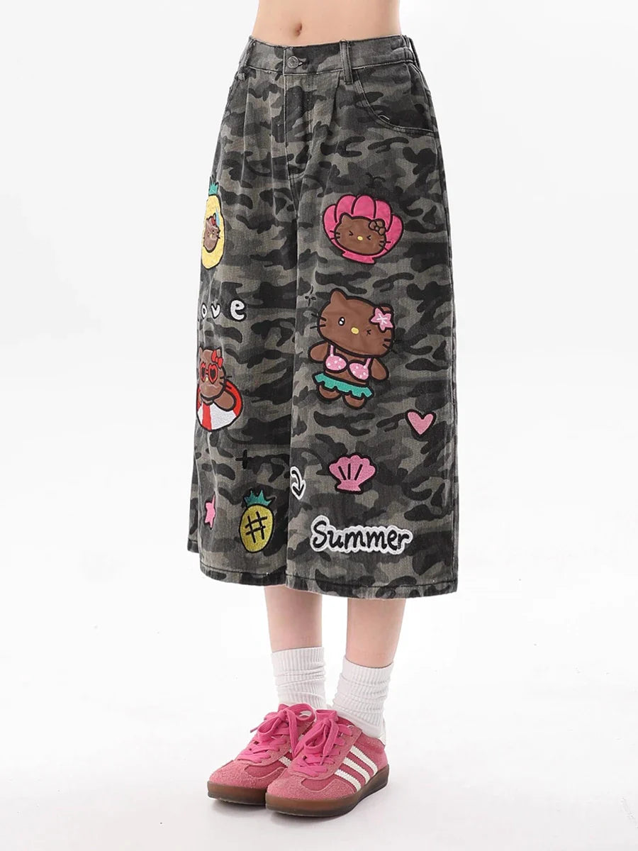 Reddachic Cartoon Patched Camo Jorts