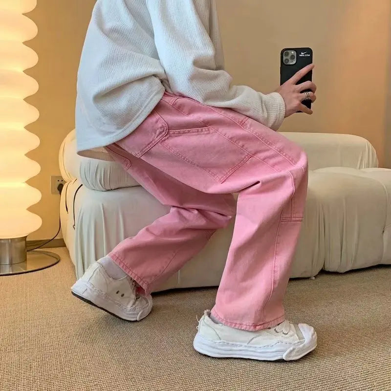 옷장 필수템 엘레강트 핑크 배기 카고 청바지