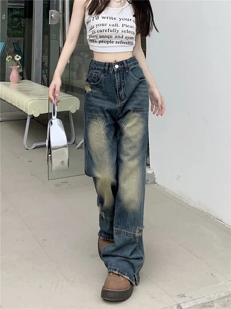 스트릿 데님 블루 루즈핏 구멍 하이웨스트 진