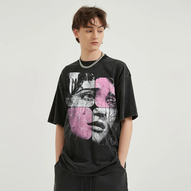 T-Shirt mit gewaschenem Puzzle-Gesichtsaufdruck