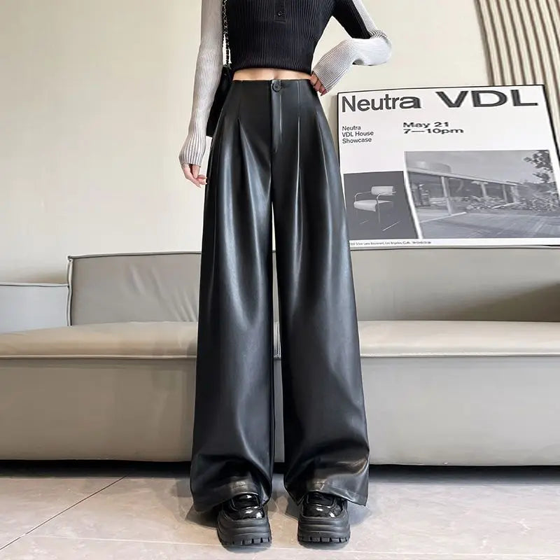 High Waist Wide Leg Leather Pants