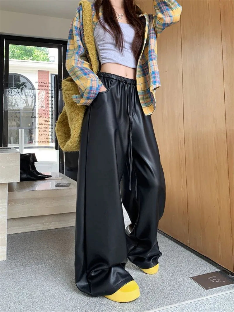 Y2K Urban Relax Preppy High Waist Leather Pants