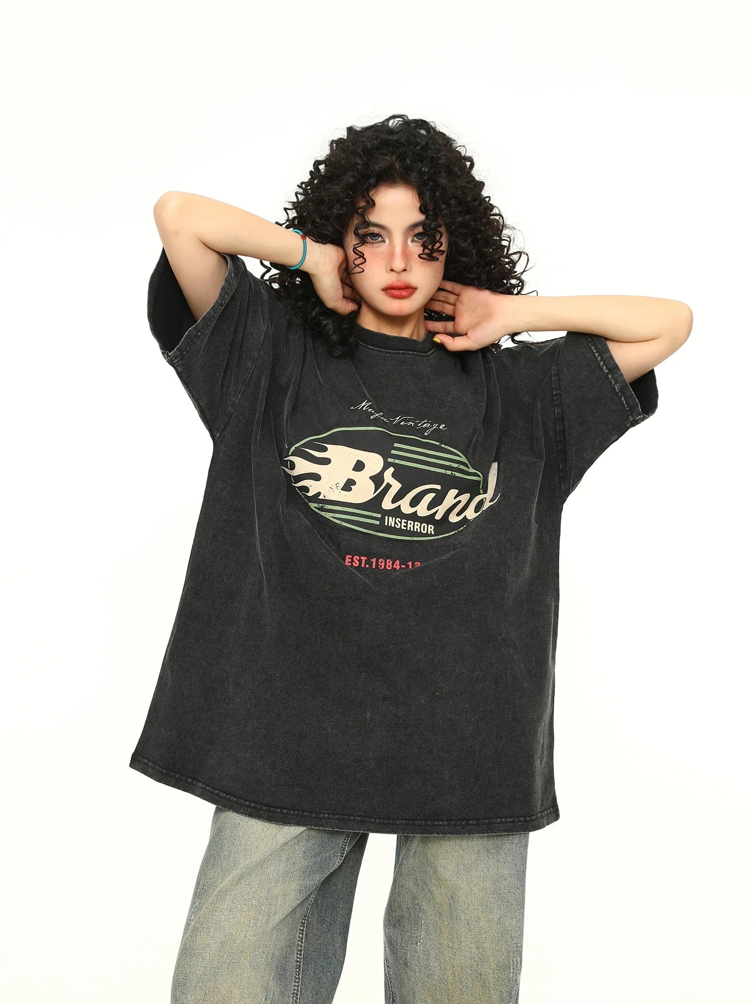 Vintage Alphabet Print Loose Cotton T-Shirt