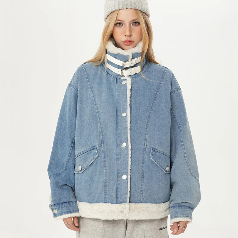 Sweet Blue Plush Lady Short Denim Jacket