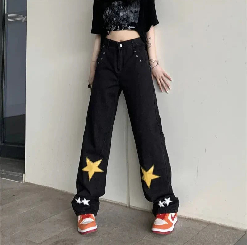 Jean taille haute vintage à étoiles hip-hop