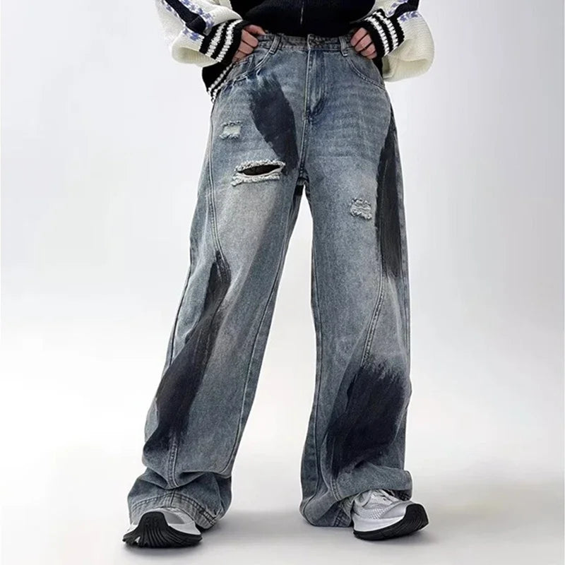 Jeans droits larges déchirés style streetwear vintage
