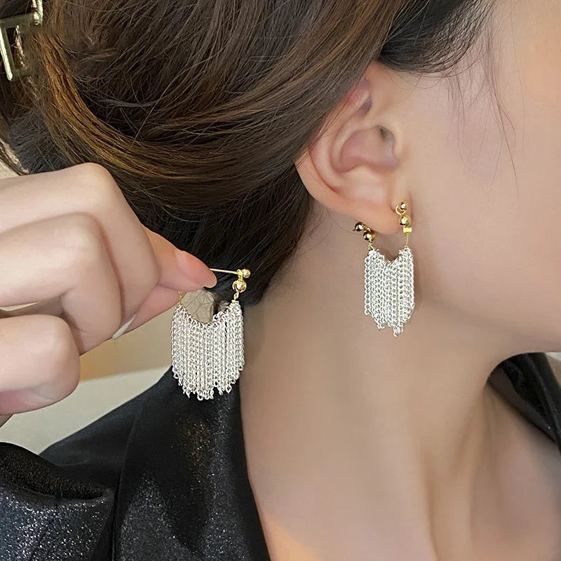 French Romantic Silver Tassel Metal Earring