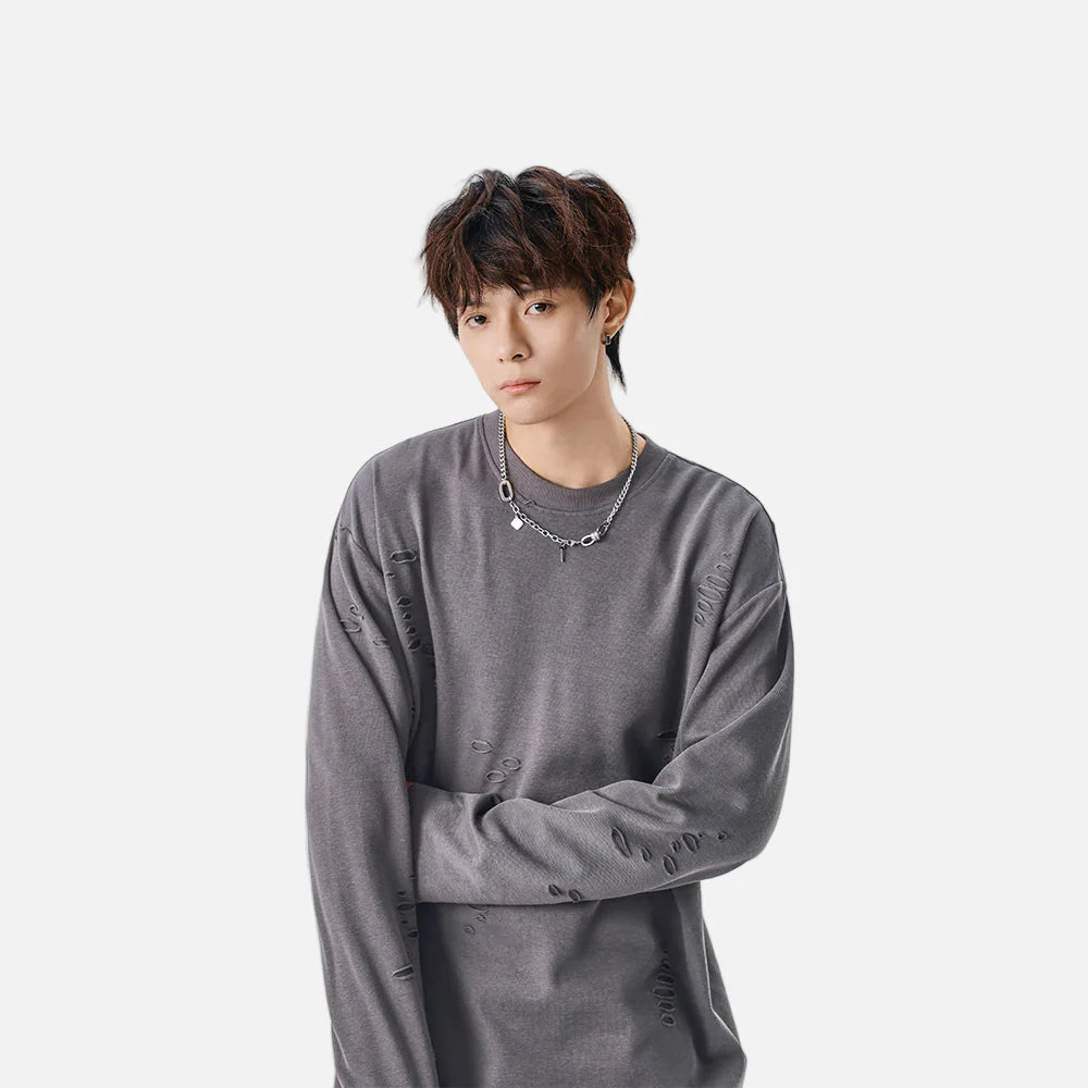 Used-Look, einfarbiges Langarm-T-Shirt mit Rundhalsausschnitt