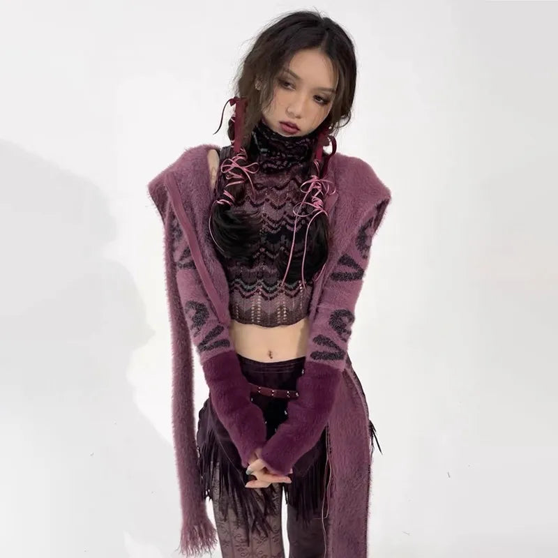Y2Kスカルフーデッドラップセーター
