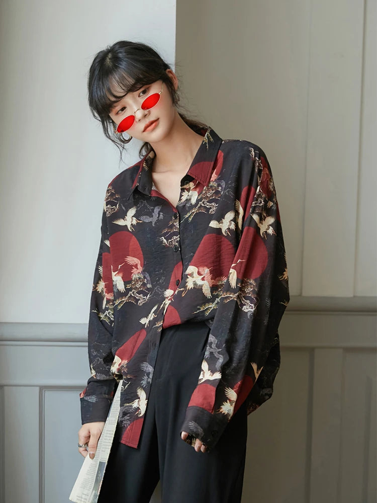 Y2K Vintage Crane Print Blouse