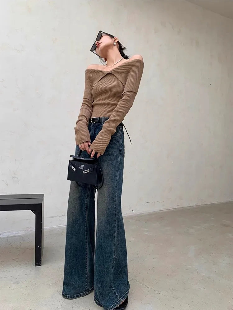 Women Retro Wide Leg Distressed Denim Jeans