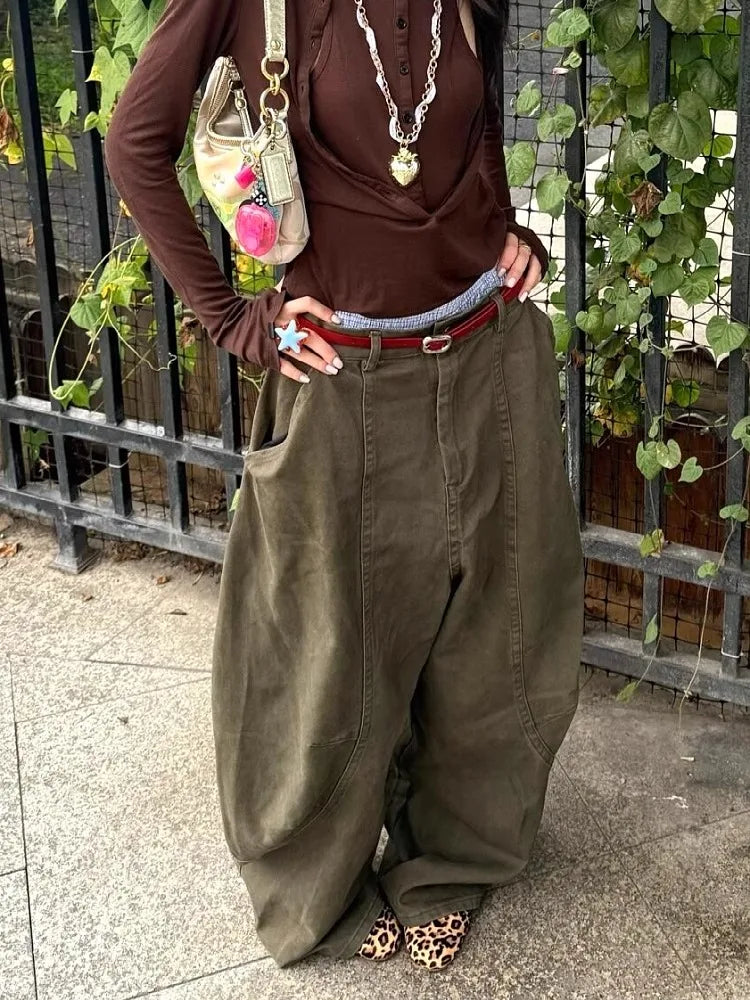 Streetwear Retro Military Green Curved Knife Pants