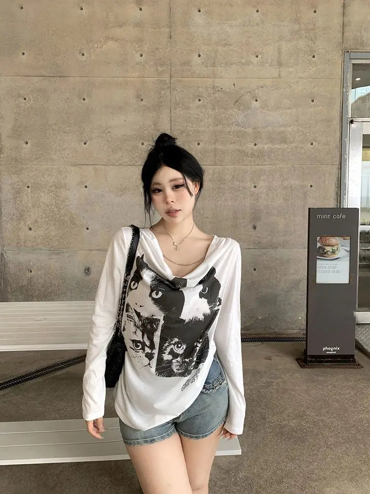 고양이 그래픽 프린트 긴팔 티셔츠
