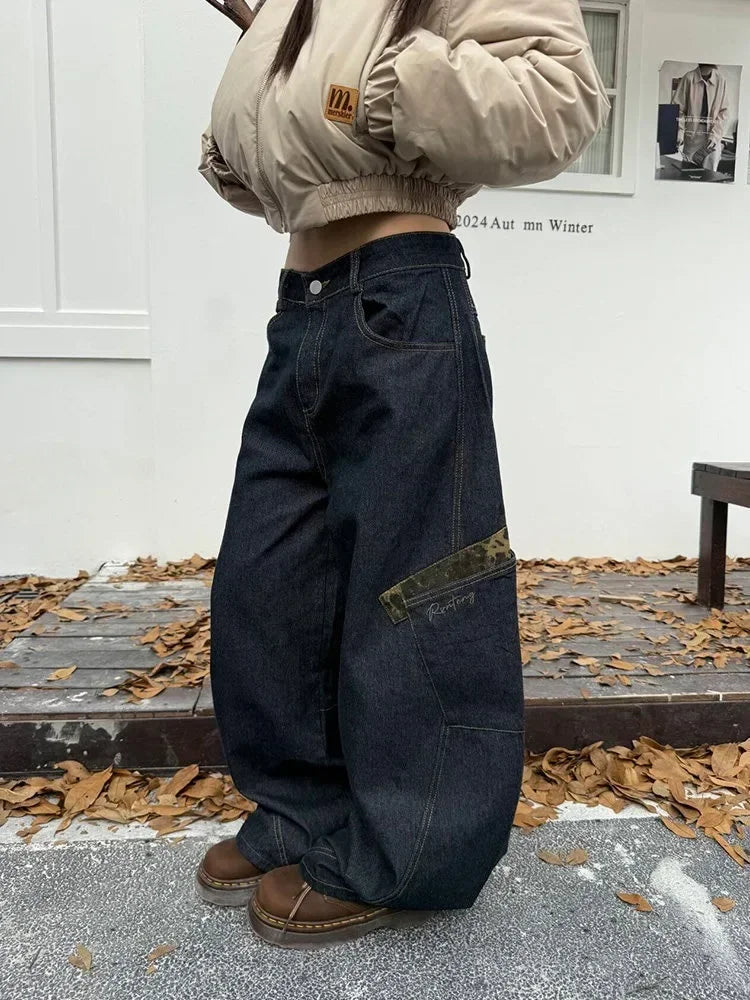Chic Leopard Spliced Hip Hop Cargo Jeans