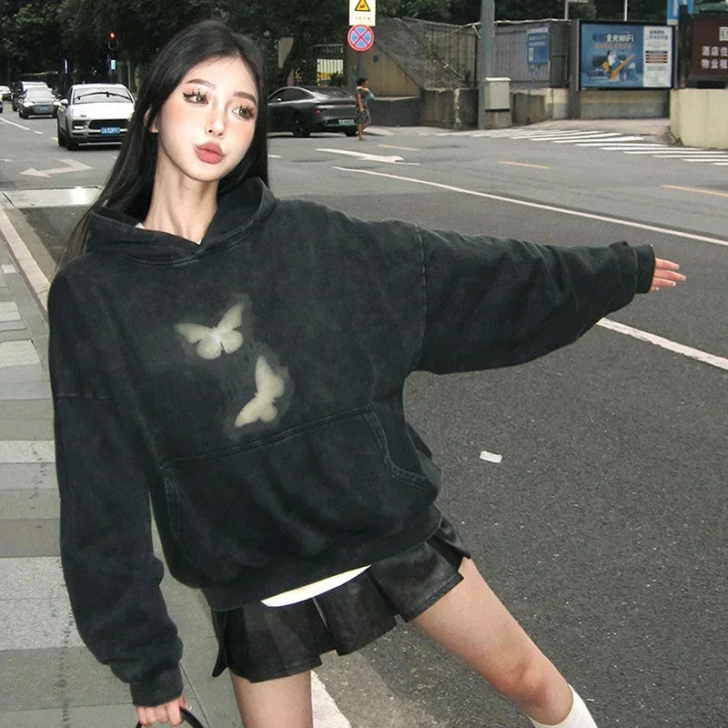 Butterfly Print Washed Black Oversized Hoodie