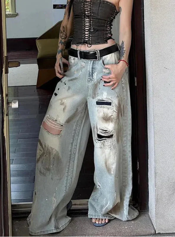 Y2K Streetwear Vintage Blue Boyfriend Ripped Jeans