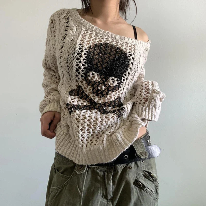 Y2K-Totenkopf-Strickpullover im Used-Look