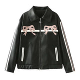 Women Durable Faux Bow Zipper Leather Jacket
