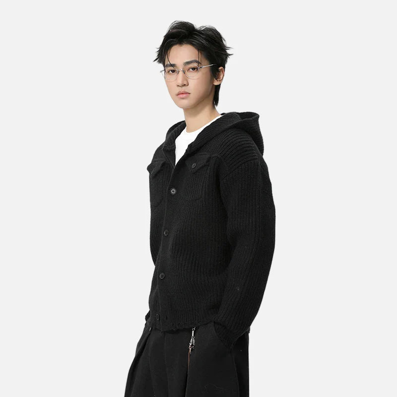 Strickjacke mit Fransenmuster, dick gestrickt, mit Kapuze