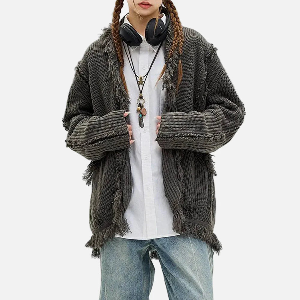 Cardigan rétro chic à manches longues déchirées et pompons
