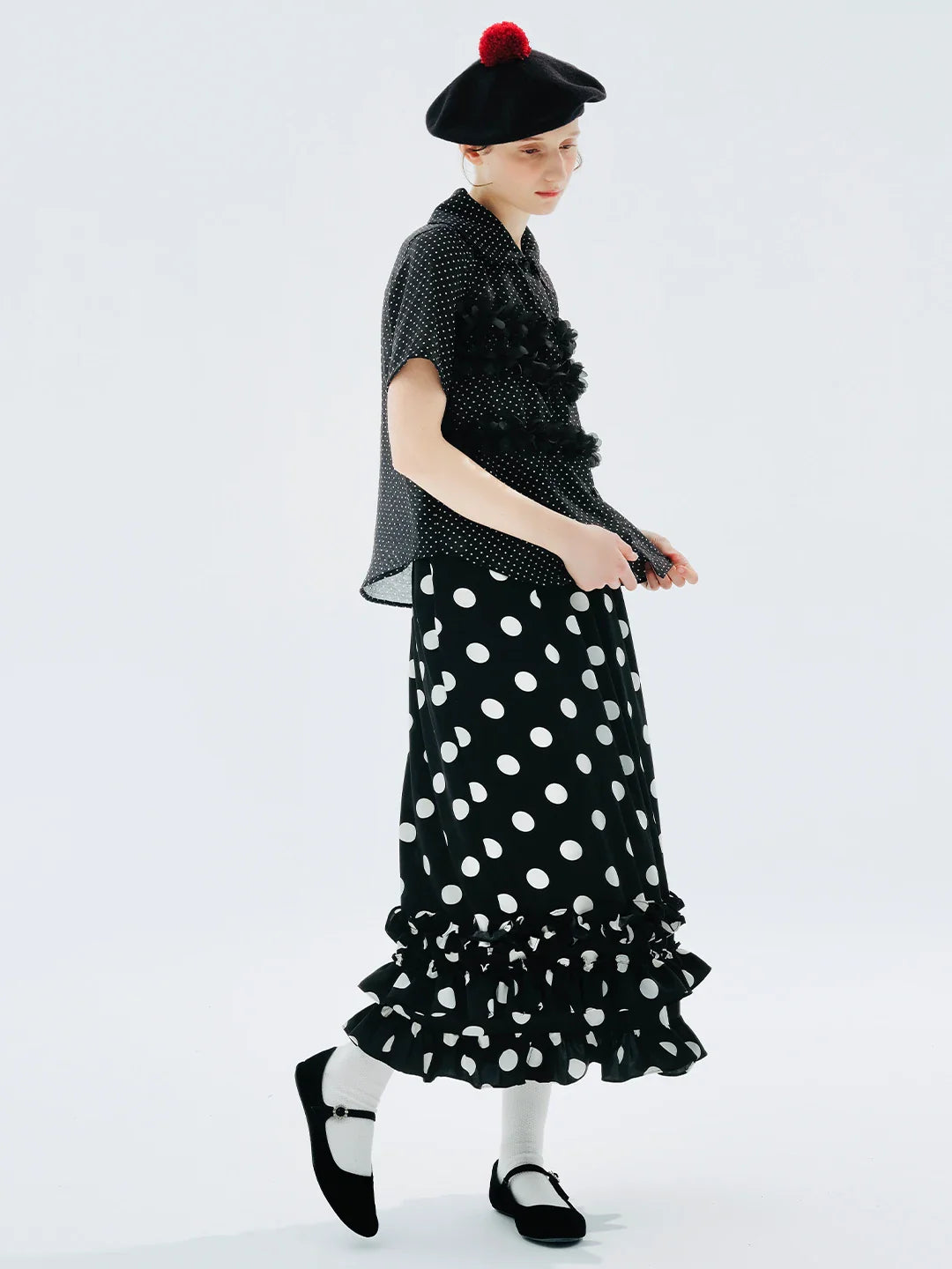 Schwarzes Kurzarmhemd mit Polka-Dots für Damen