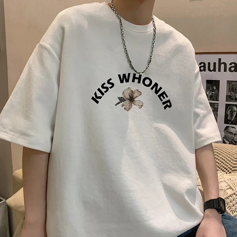 남성용 오버사이즈 크루넥 면 여름 티셔츠
