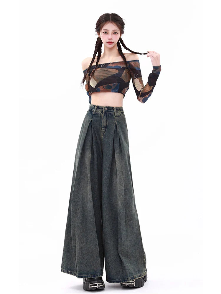 Jean en denim bleu oversize Y2K