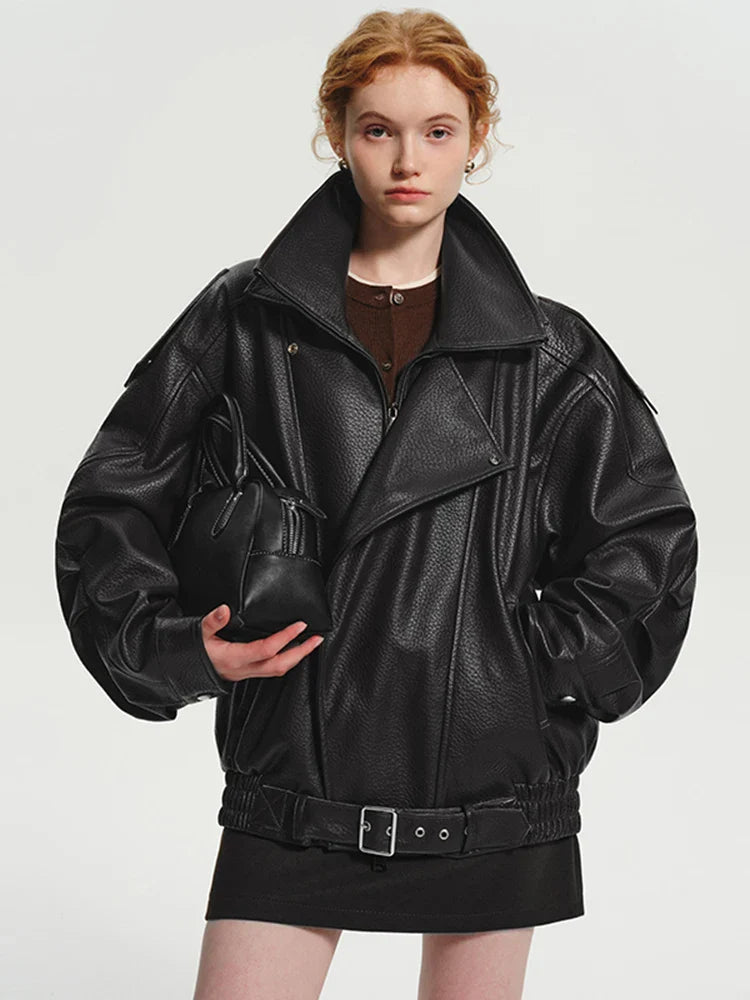 Luxuriöse braune Oversize-Jacke aus PU-Leder