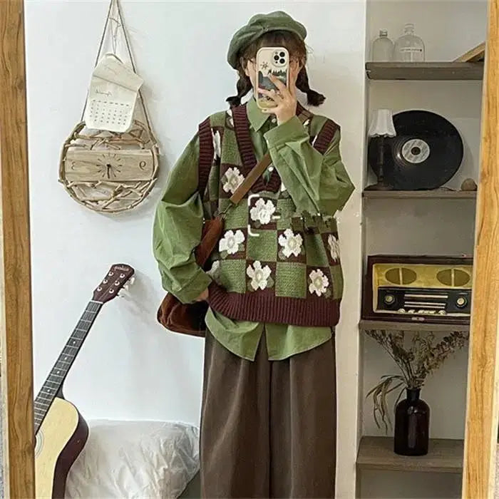 레트로 플라워 그리드 스웨터 조끼