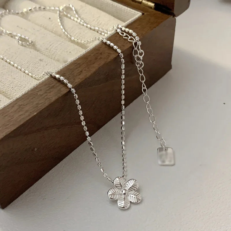 Women Sterling Silver Flower Bead Necklace