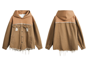 Brown hooded jacket with frayed details on a white background