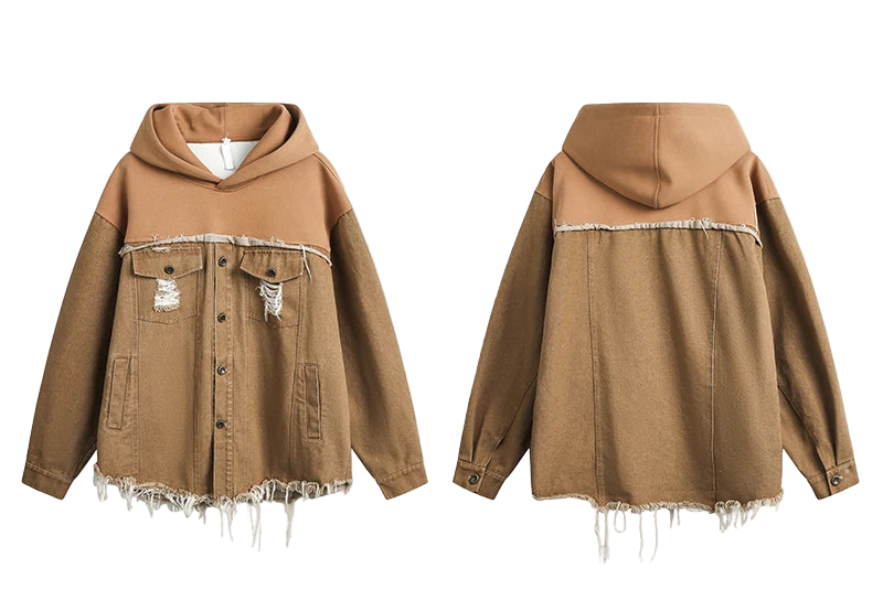 Brown hooded jacket with frayed details on a white background