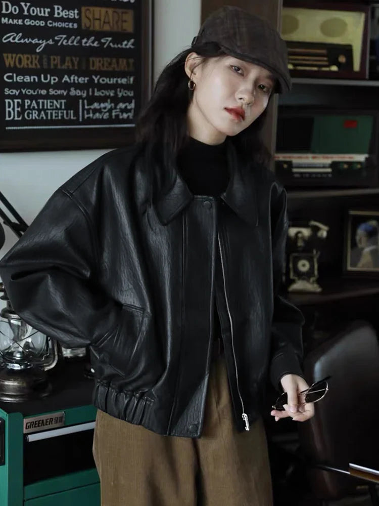 Classic Brown Handsome Short PU Leather Jacket