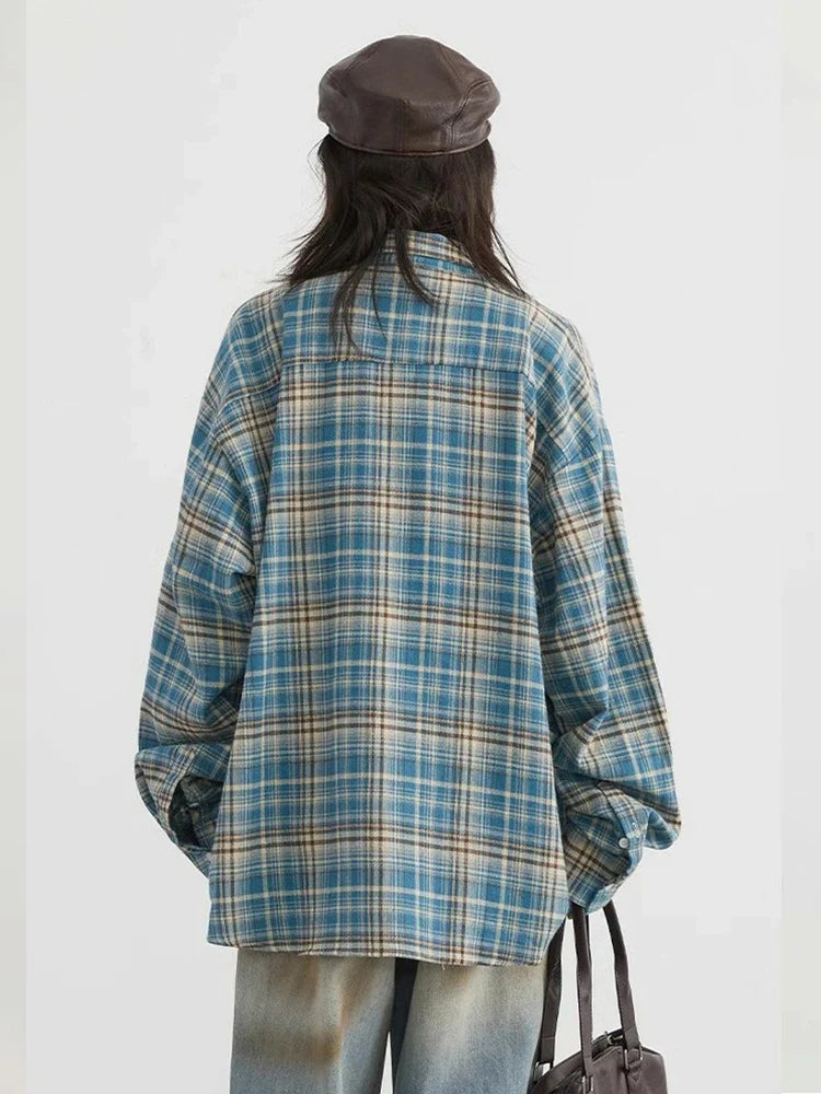 Chemise à carreaux vintage oversize à manches longues pour femme
