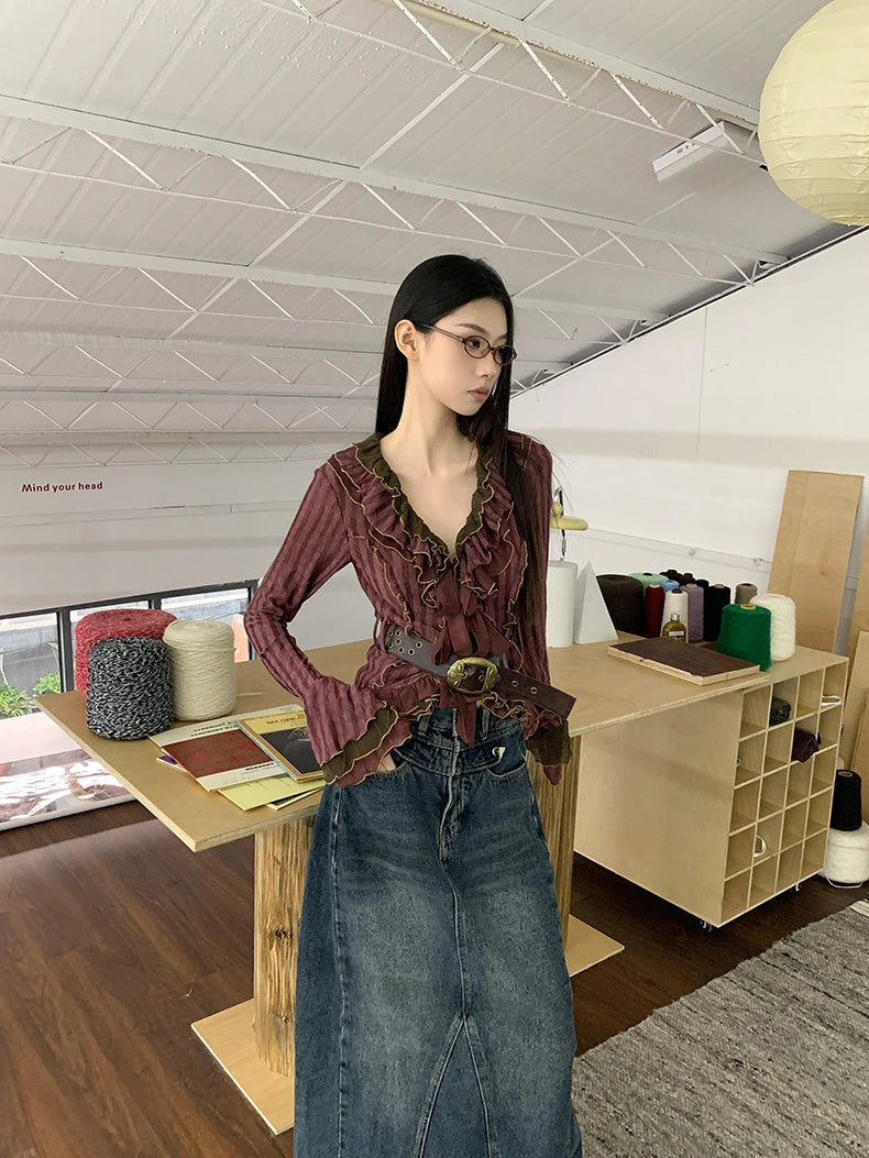 Y2K Striped Knitted Ruffle Blouse