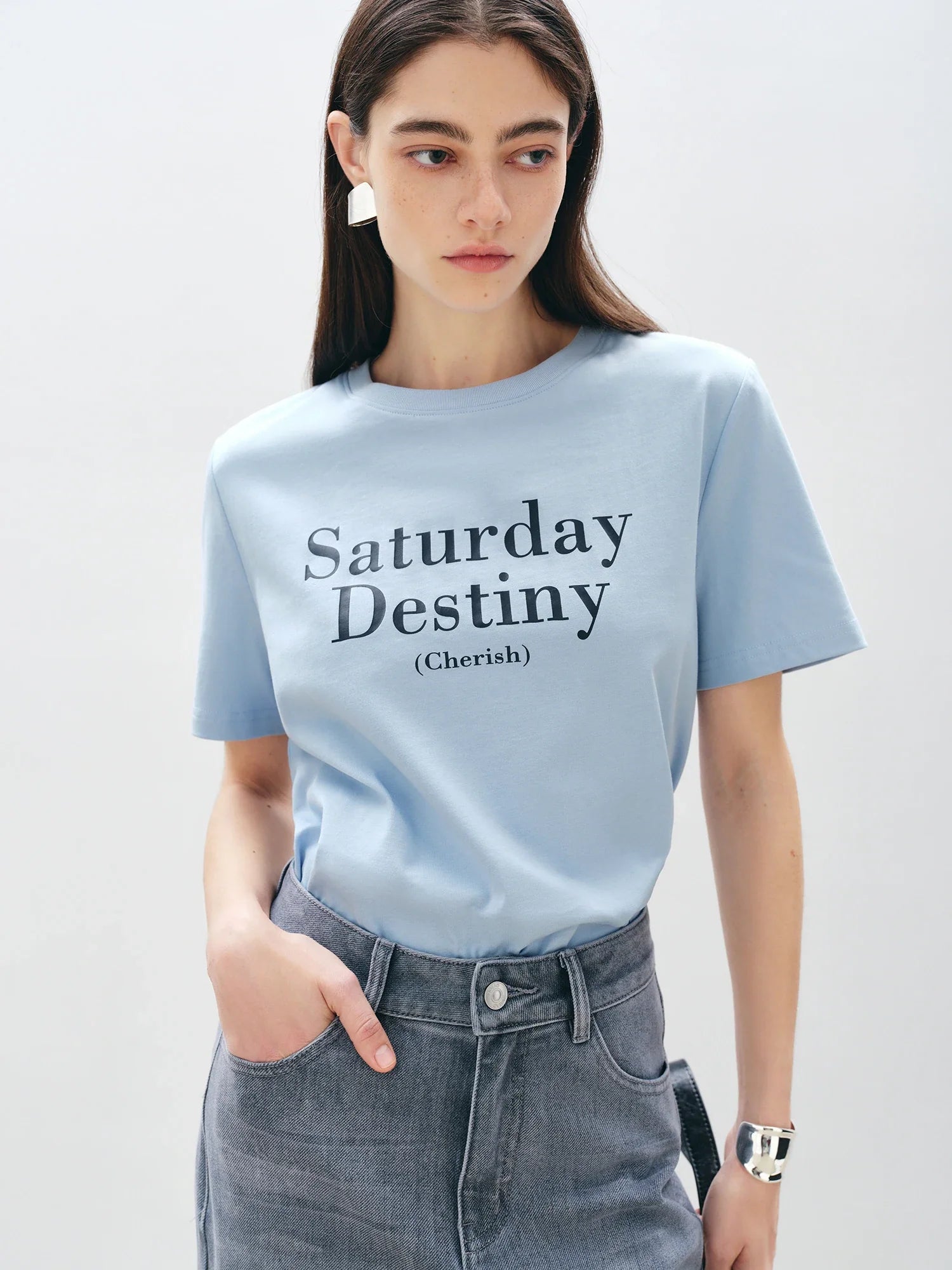 Women Cool Blue Printed Cotton Short-Sleeved T-Shirt