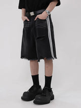 Side-Striped Ripped Denim Shorts