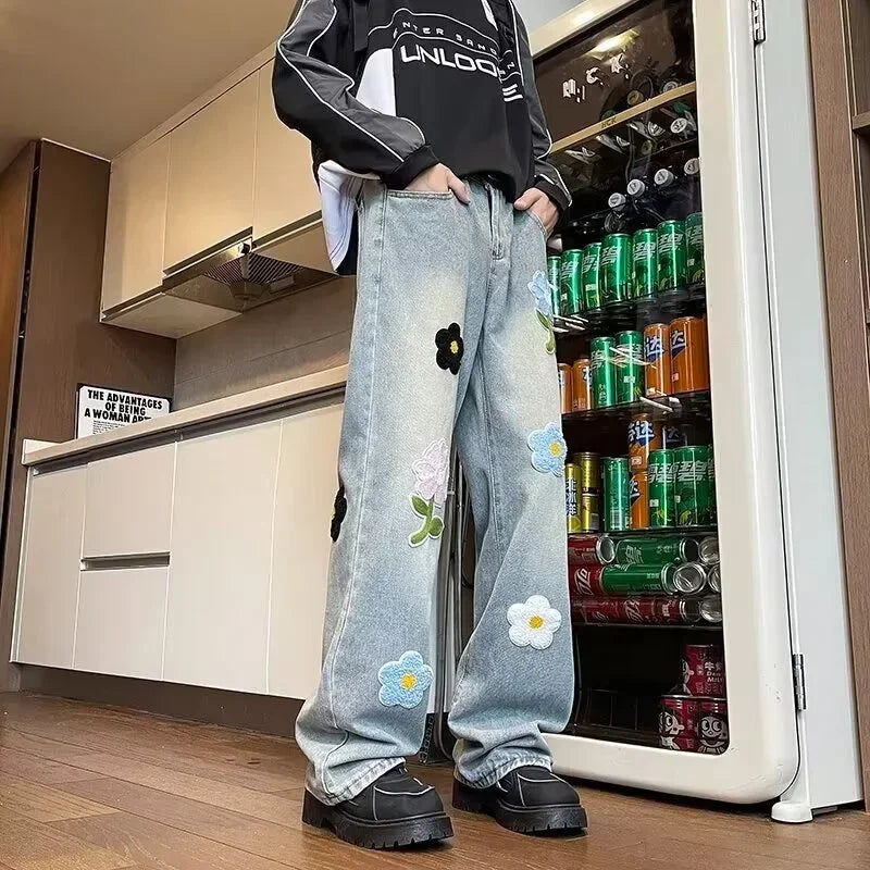 레트로 플라워 자수 청바지