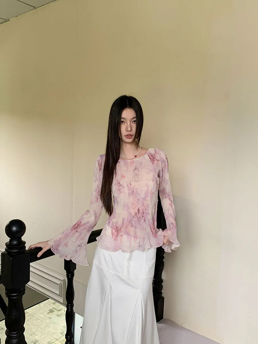 Chemisier rose tie-dye à manches longues plissé évasées pour femme