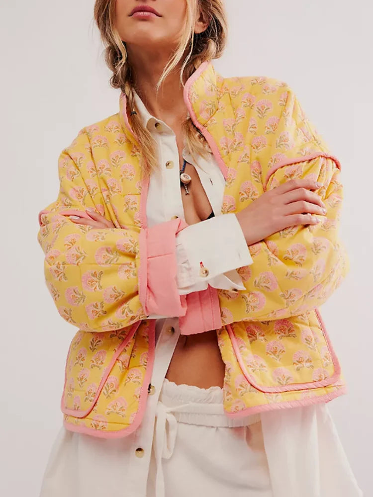 Women Retro Floral Yellow Padded Jacket