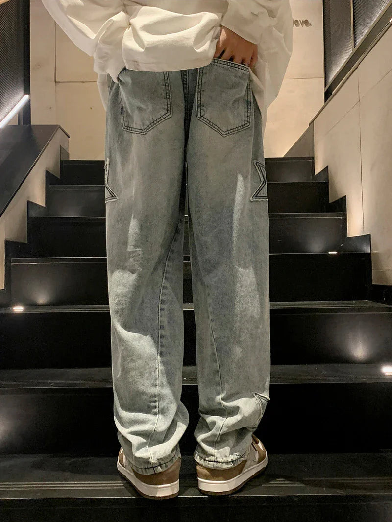 Y2K 스타 자수 배기 데님 진