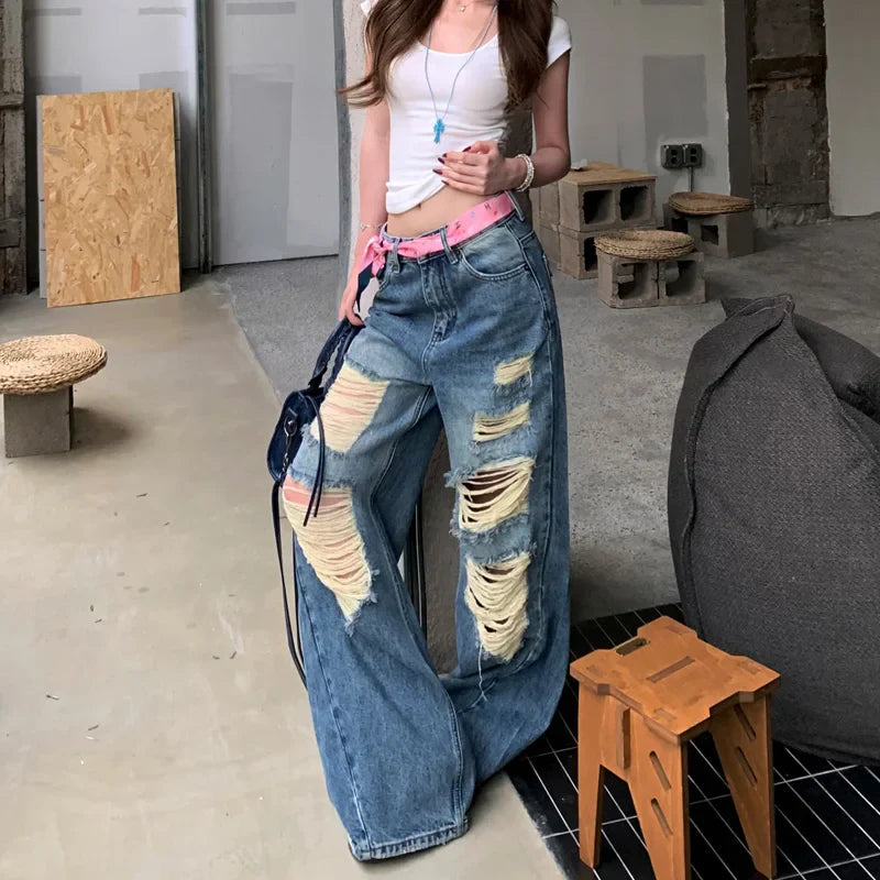 Y2K Plush Ripped Washed Denim Jeans