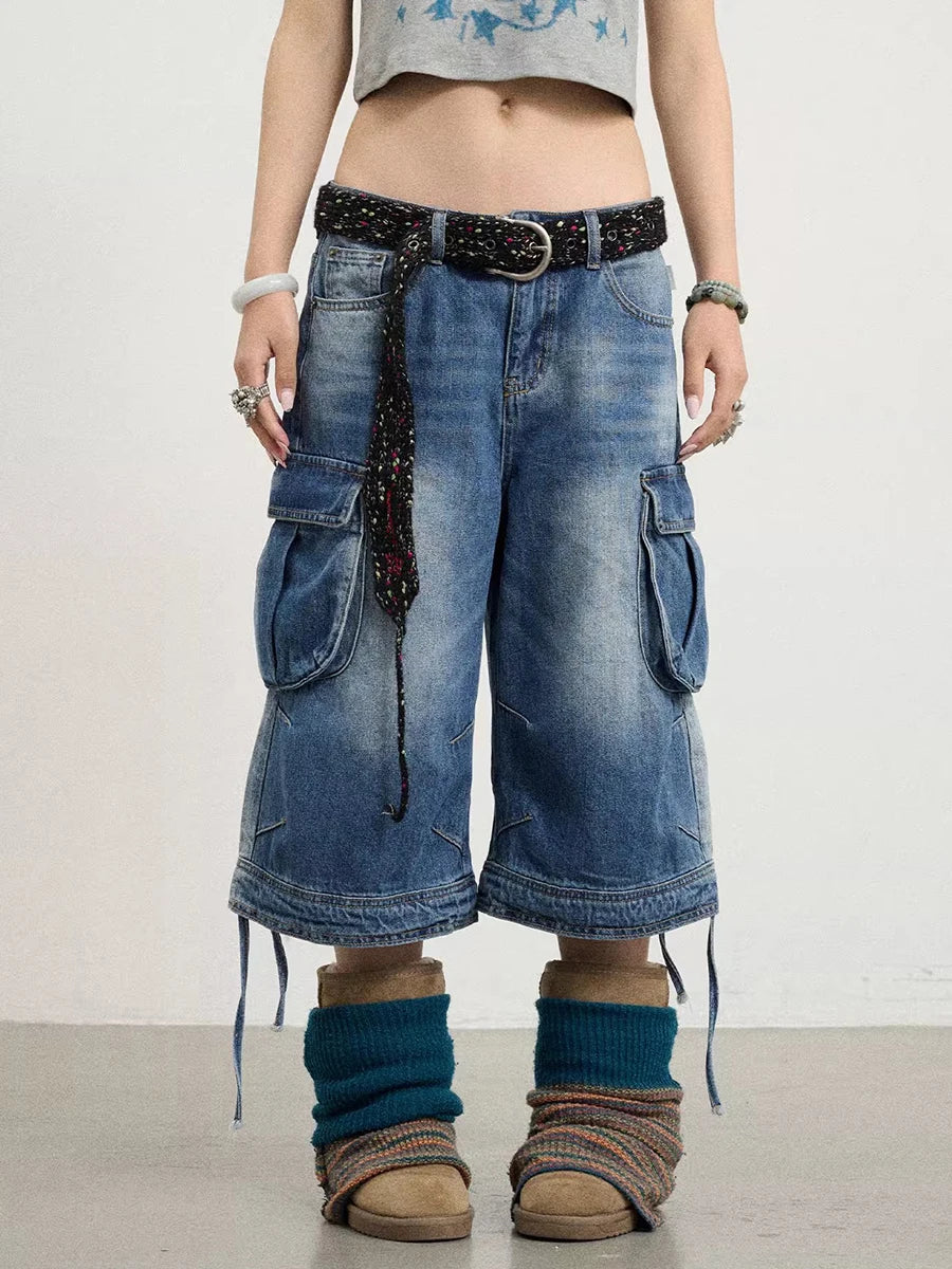 Vintage Cozy Drawstring Cargo Denim Jorts