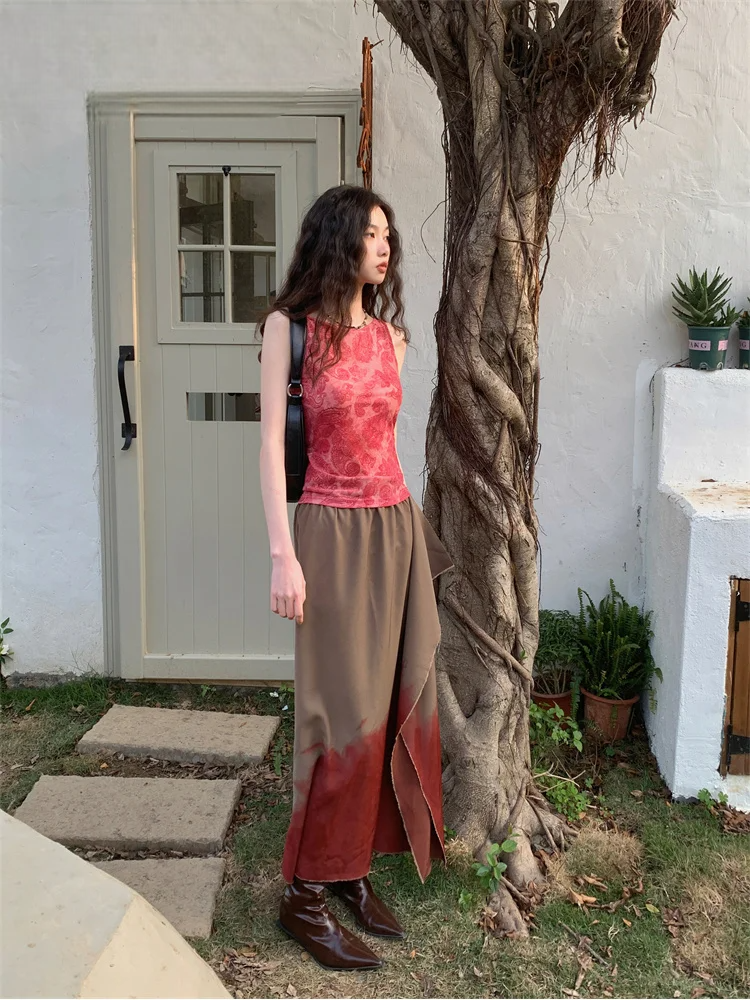 Flocking Floral Red Backless Crop Tank Women’s Top