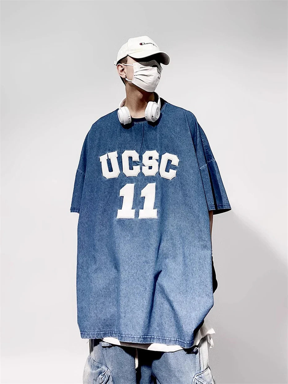 T-shirt vintage en denim brodé style hip-hop