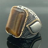 Men Yellow Black Stone Carved Silver Ring